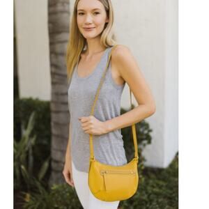 Perlina New York Small Pebbled Leather Crossbody Purse Mustard Yellow Silver HW